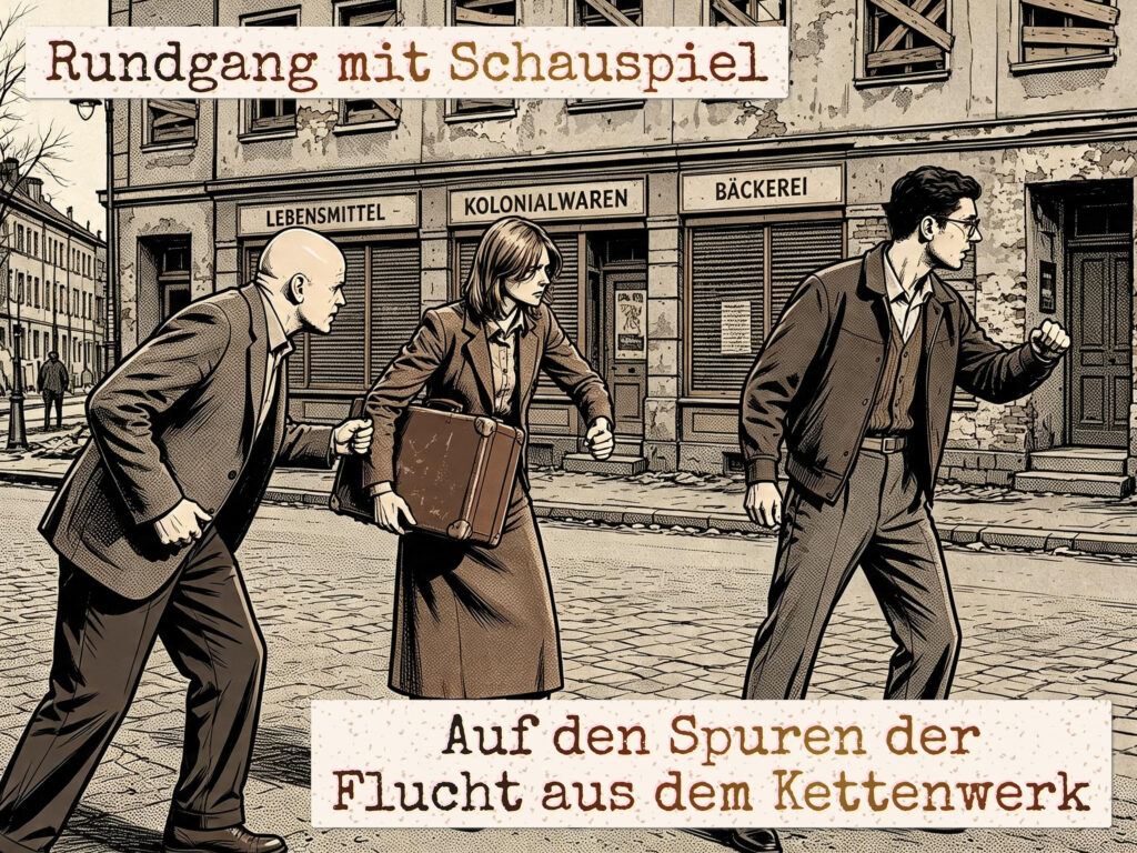 Zwei Männer eine Frau auf der Straße in Berlin und dem Text: Rundgang und Schauspiel: Auf den Spuren der Flucht aus dem Kettenwerk